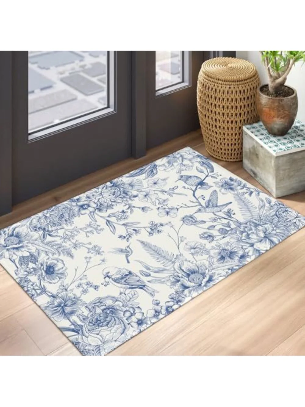 Blue and White Floral Bird Area Rug